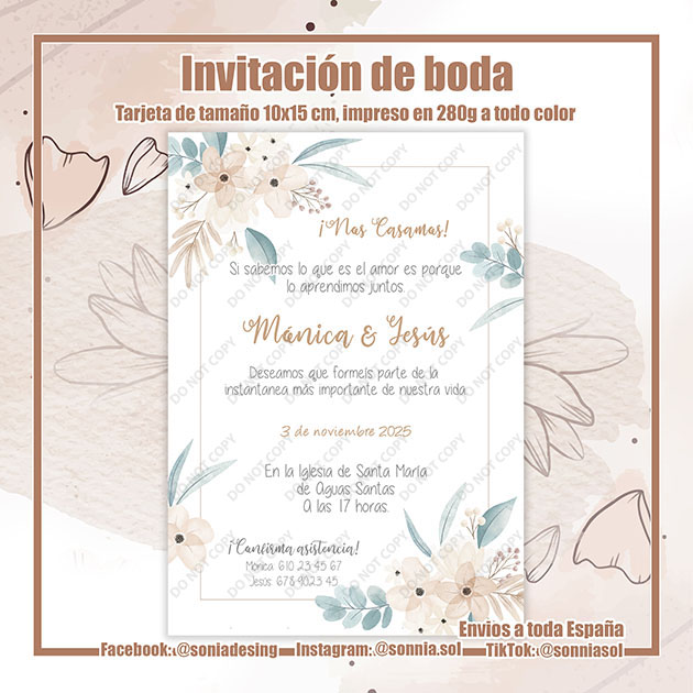 Invitación de boda flores acuarela