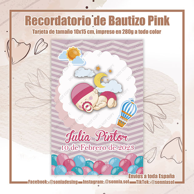 Recordatorio de bautizo pink